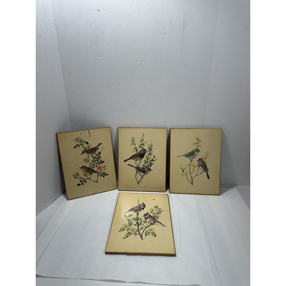 Sewell Signed Wooden Plaques Wall Decor Birds Wagtail Titmouse Set 4 VTG England